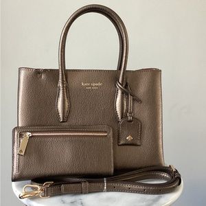 Kate Spade Small Top-Zip Satchel Crossbody Tote with matching wallet bronze